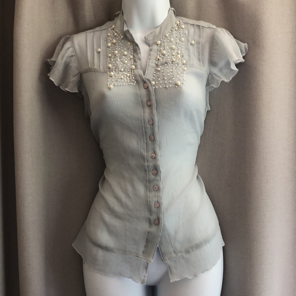 Sheer Ruffle Pearl Sparkly Babydoll Blouse